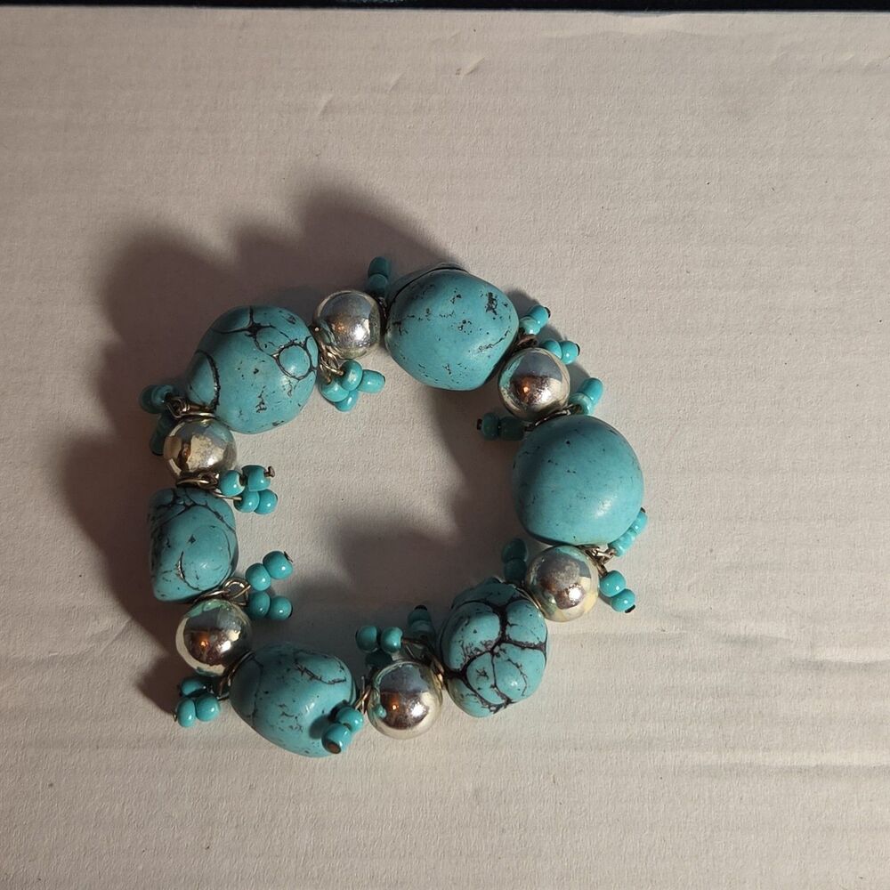 Chunky Faux Turquoise Silver Tone Stretch Bracelet Boho Y2K NWOT - Picture 10 of 16